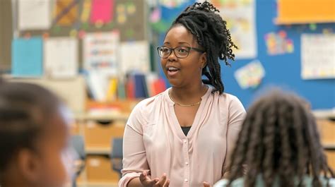 Cheerful Female Teacher Standing In Front Of Her Class Looking At Her