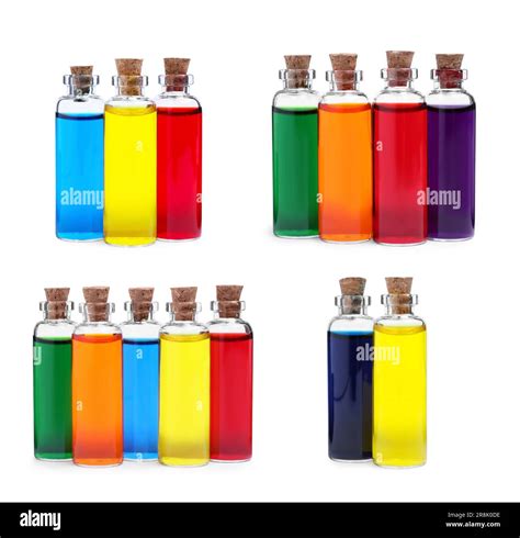 Collage De Botellas De Vidrio Con Diferentes Colorantes De Alimentos