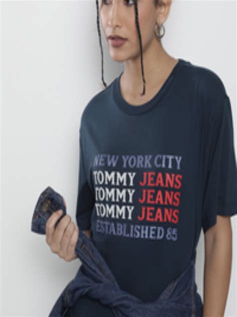 Buy Tommy Hilfiger Women Navy Blue Typography Printed Pure Cotton