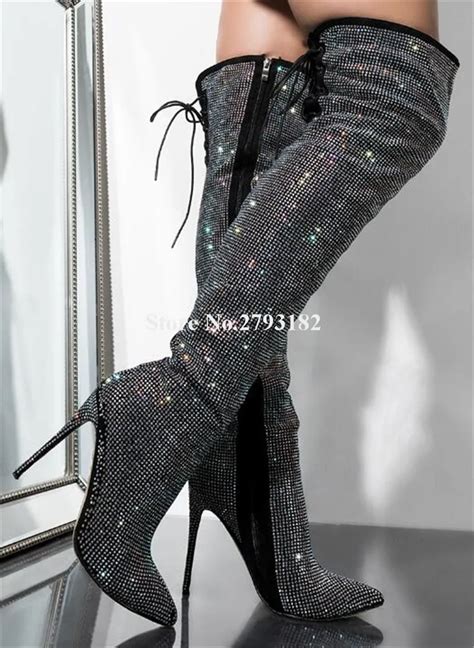 Women Bling Bling Sexy Pointed Toe Rhinestone Over Knee Thin Heel Boots