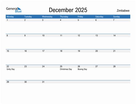 December 2025 - Zimbabwe Monthly Calendar with Holidays
