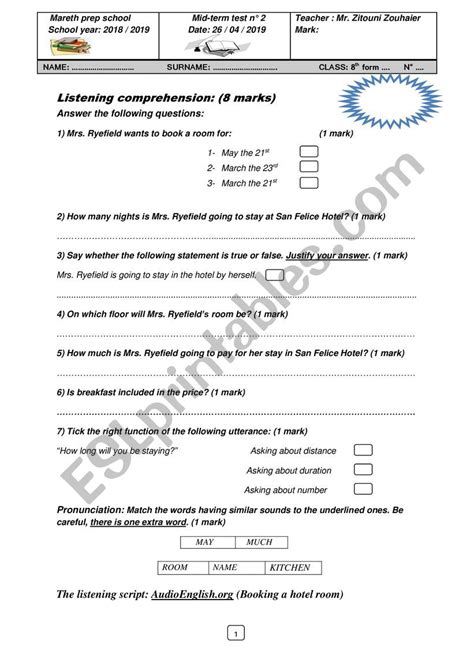 Mid Term Test N Th Form Esl Worksheet By Alwayshope