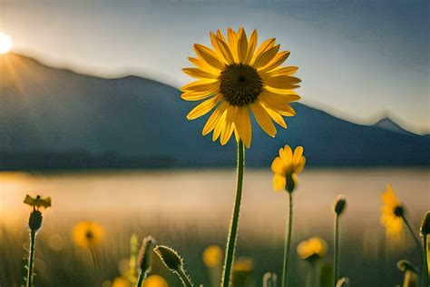 sunflower in the field, mountains, lake, sunrise, nature, flowers, hd ...