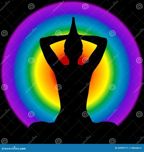 Human Silhouette In Yoga Pose With Aura And Chakras Colors On Ba Stock