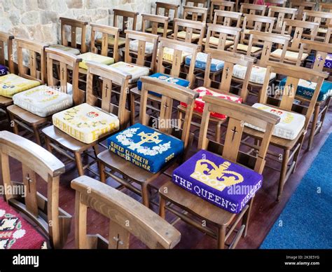 Kneelers on chairs in a church in Freshwater on the Isle of White, UK ...