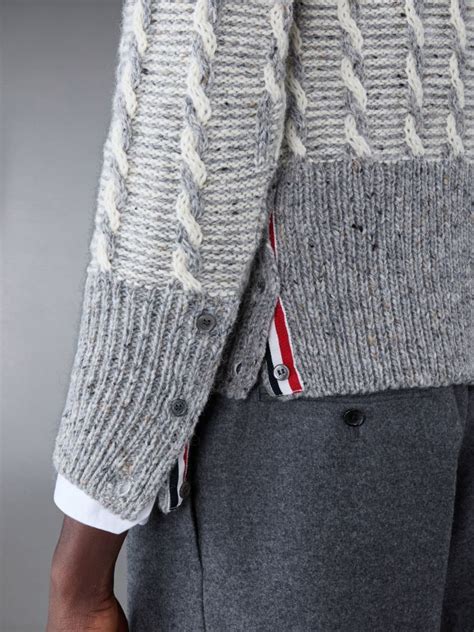 Donegal Bicolor Twist Cable Bar Shawl Neck Pullover Thom Browne