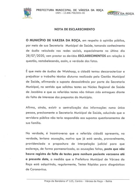 Nota De Esclarecimento Da Secretária De Saúde De Várzea Da Roça Ba