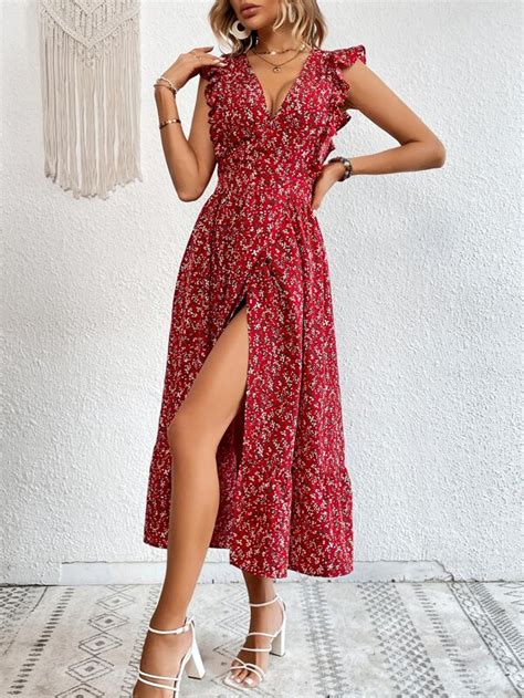 Shein Vcay Vestido Impress O Floral Dits Acabamento De Babados Coxa