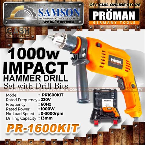 PROMAN Germany 1000W Variable Speed Impact Hammer Drill Set With Drill