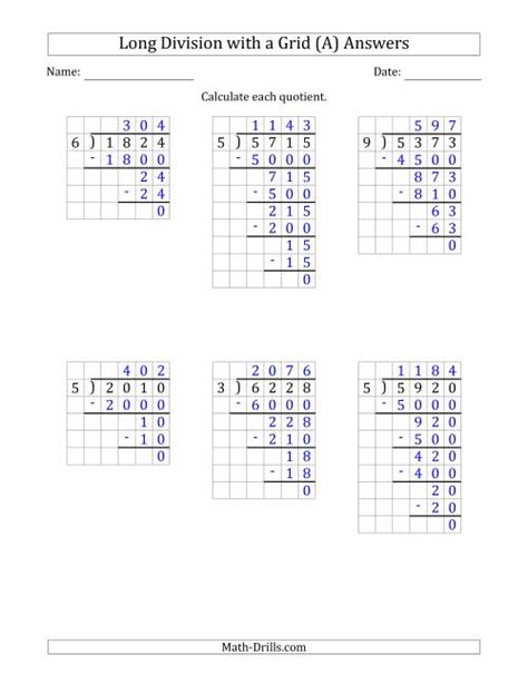 4 Digit By 1 Digit Long Division With Grid Assistance And No Remainders