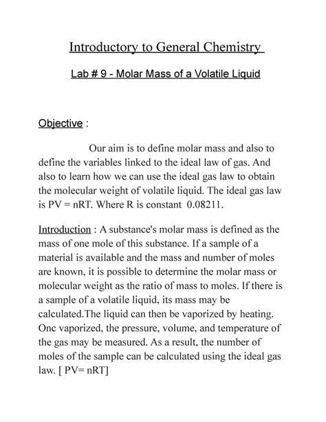 Lab 9 Lab Report 9 Introductory To General Chemistry Lab 9 Molar Mass Of A Volatile