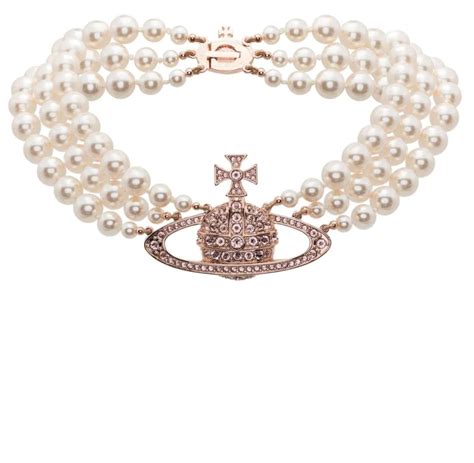 Vivienne Westwood Three Row Pearl Bas Relief Choker Pink Gold Cream