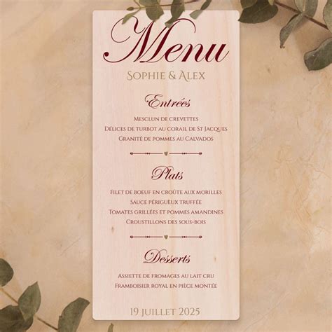 Menu De Mariage Sur Bois Chic Rouge Impression