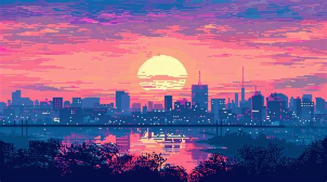 Premium Photo Pixel Art Cityscape At Sunrise With Vibrant Sky Colors