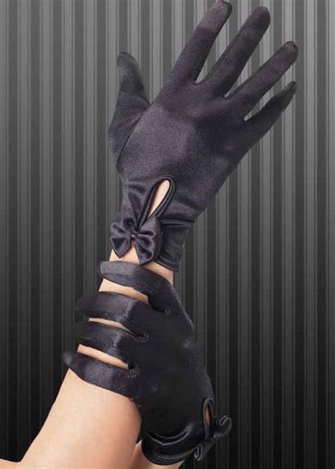 Womens 20s Black Satin Gloves With Bows