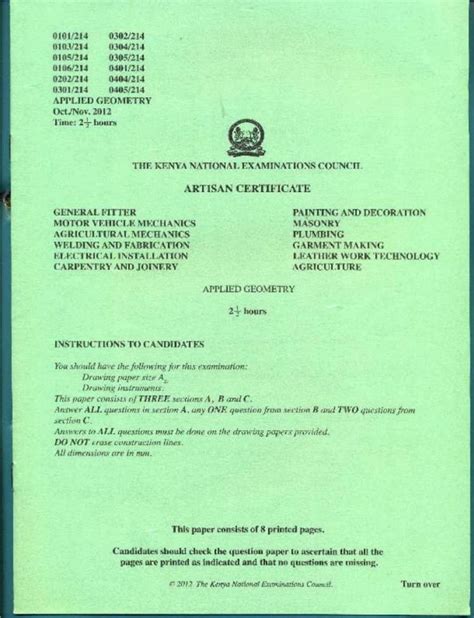 Knec Exam Past Papers For Applied Geometry In Artisan Certificate