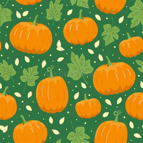 Pumpkin Seamless Pattern On Green Background Pumpkin Leaves Seeds