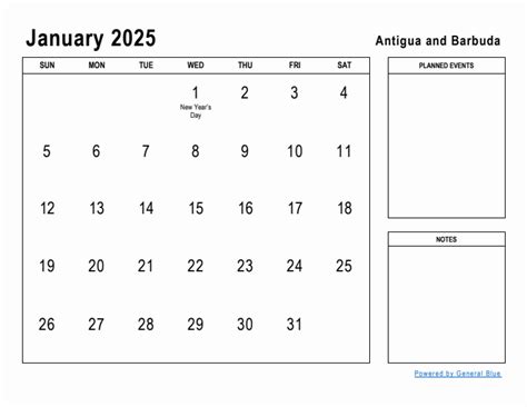 January 2025 Planner with Antigua and Barbuda Holidays