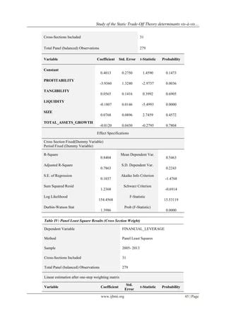 Study of the Static Trade Off Theory determinants vis à vis Capital