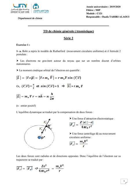 Correction Td Atomistique Mip Td De Chimie G N Rale Atomistique