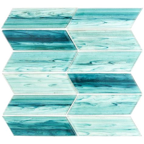 Maya Chevron Teal Green 2x7 Polished Glass Mosaic Tile Patterned Wall