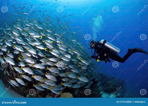 Scuba Diver Swimming With Schools Of Fish In Coral Reef Stock