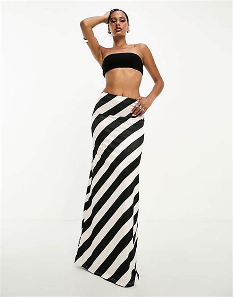 Asos Design Satin Twill Maxi Skirt In Mono Stripe Asos