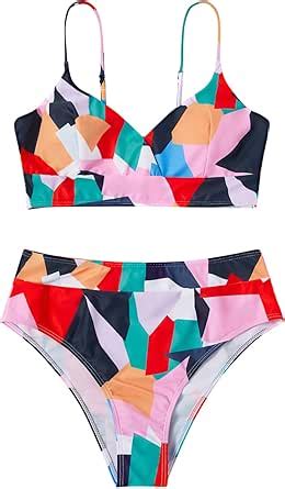 Amazon GORGLITTER Women S High Waisted Swimsuit Colorblock Tummy Control Bikini Set Bathing