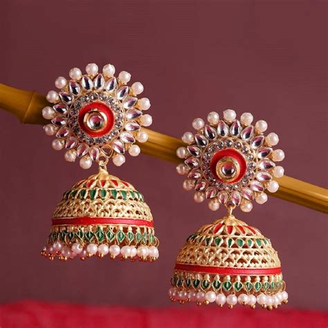 Fabula Red Green Meenakari Enamel With Kundan Pearls Large Ethnic