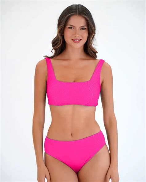 Retro Deco Underwired Square Neck Bikini Top In Hot Pink Moontide Swimwear