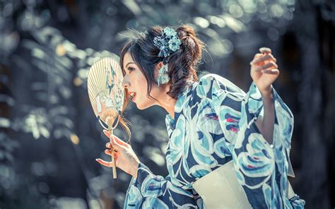 Image Blurred Background Hand Fan Kimono Girls Asian Hands 1920x1200