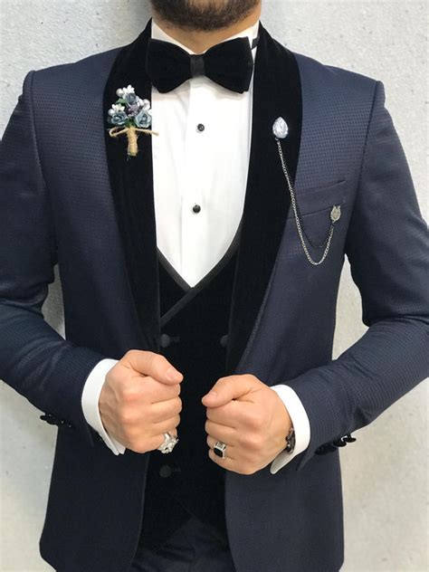 Buy Navy Blue Slim Fit Velvet Shawl Lapel Tuxedo By Gentwith