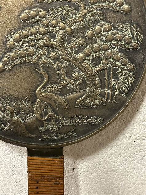 Antique 19th Century Japanese Bronze Kagami Hand Mirror Decorated With