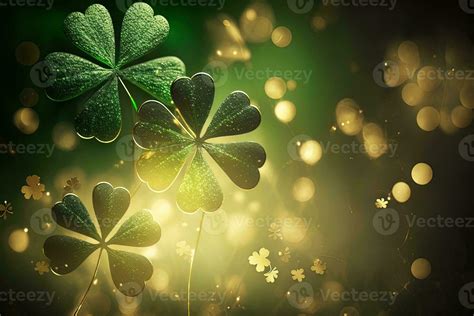 Festive Background With Shining Clover Shamrocks And Golden Bokeh St