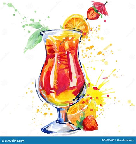 Cocktail Fruit Ice And A Splash Hand Drawn Watercolor Illustration