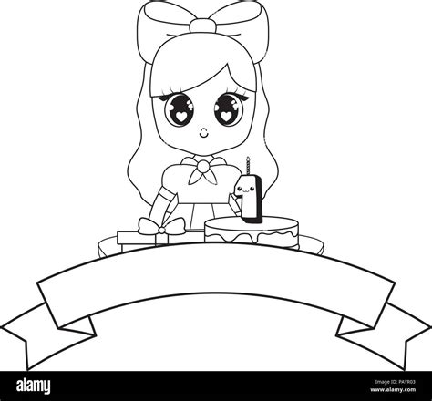 Anime Girl With Birthday Cake Et Ruban Décoratif Sur Fond Blanc Vector Illustration Image