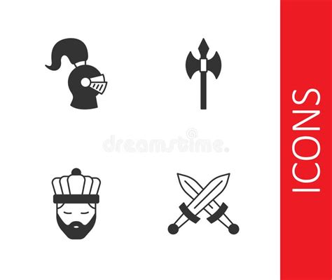 Set Crossed Medieval Sword Medieval Helmet King With Crown And Axe Icon Vector Stock Vector