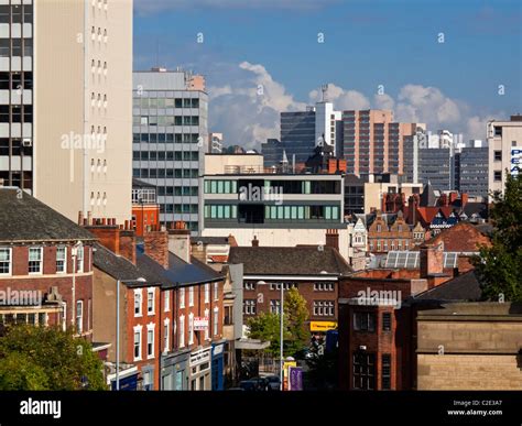 View over the Nottingham city centre skyline from the walls of the castle Nottinghamshire ...