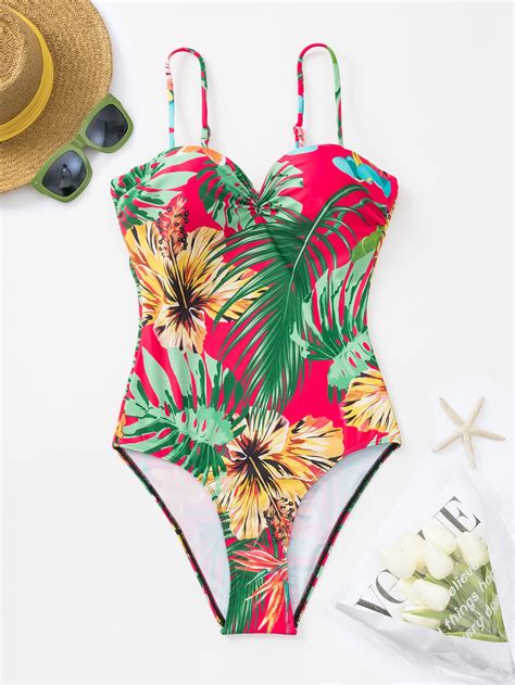 Tropical Print Push Up One Piece Swimsuit Shein Usa