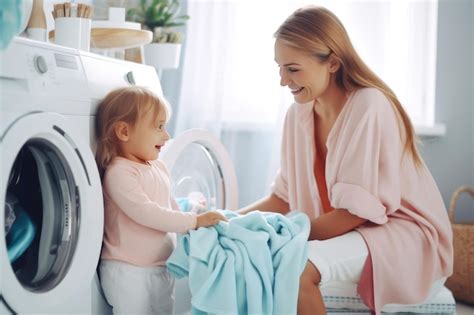 Premium Photo Mother And Daughter Loading The Washing Machine