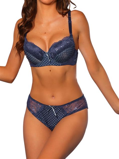Agnes Orinda Women S Plus Size Lingerie Sets Two Piece Lace Polka Dots Bra And Panty Set