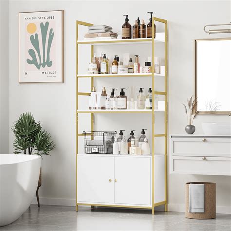 Homfa 4-Tier Bathroom Shelves with Storage Cabinet, Sturdy Metal Frame ...