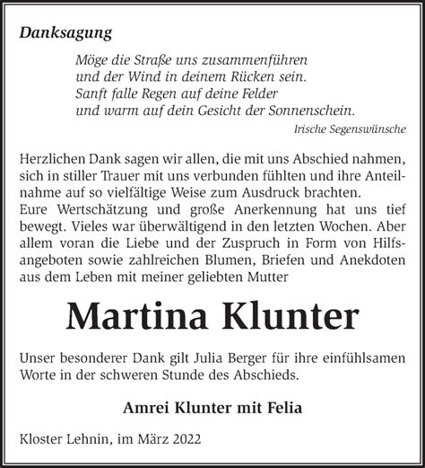 Traueranzeigen von Martina Klunter Märkische Onlinezeitung Trauerportal