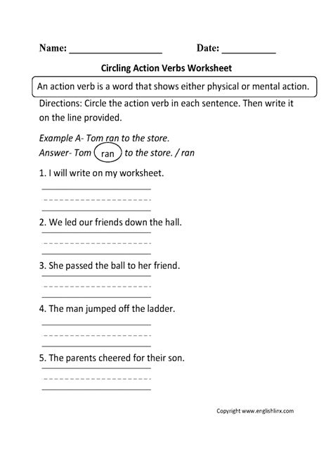 Action Verb Worksheet 3rd Grade