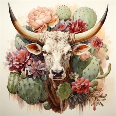 Premium Photo Watercolor Cactus With Bull Skull Illustration Generative Ai