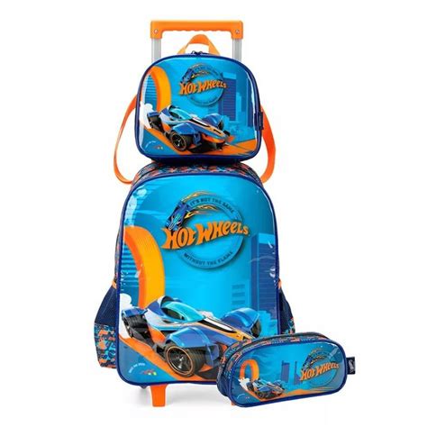 Kit Mochila De Rodinha Hot Wheels Azul Lancheira Estojo Papelaria Pigmeu