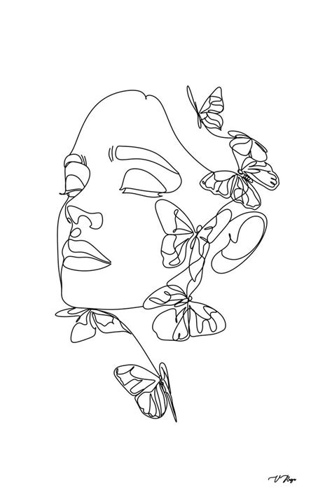 Abstract Face With Butterfly By One Line Drawing Portrait Minimalistic Style Botanical Print