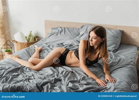 Woman In Black Lingerie Looking Stock Image Image Of Sensual Gray