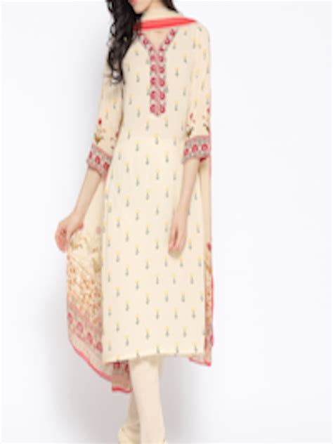 Buy Biba Women Off White And Yellow Printed Kurta With Churidar And Dupatta Kurta Sets For Women