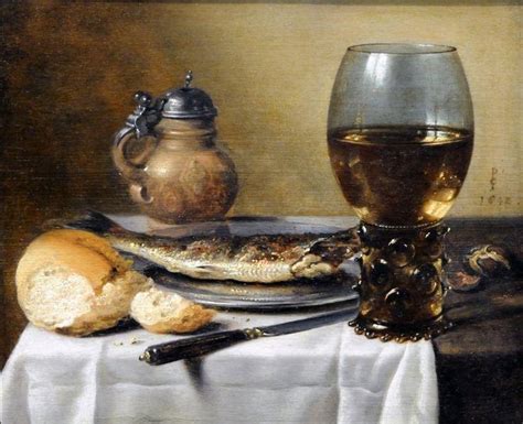 Still Life With Jug Wine Glass Herring And Bread 1642 Pieter Claesz